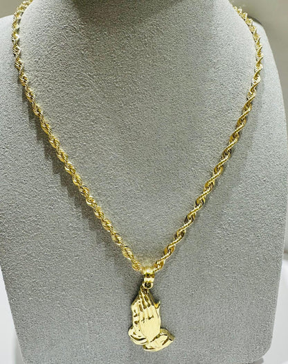 10K GOLD ROPE CHAIN 22" WITH PRAYING HANDS PENDANT, WEIGHT: 6.1gm