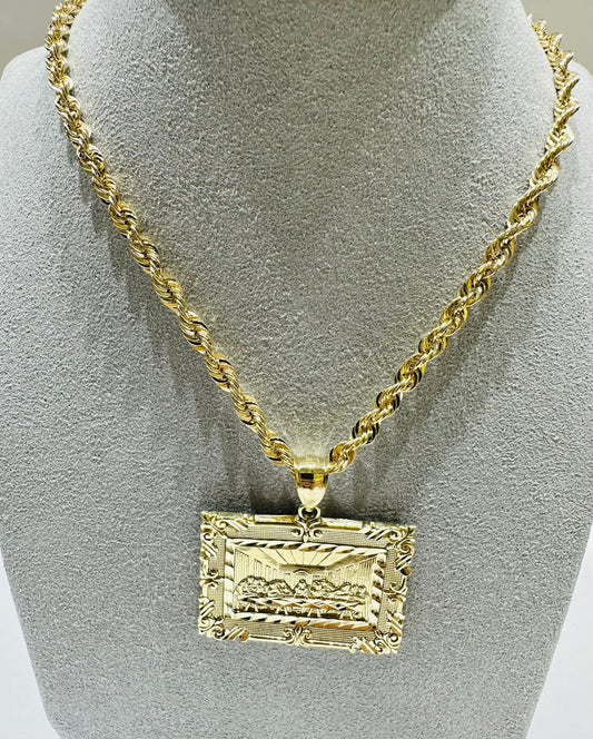 10K GOLD ROPE CHAIN 20" WITH LAST SUPPER PENDANT, WEIGHT: 10.3gm