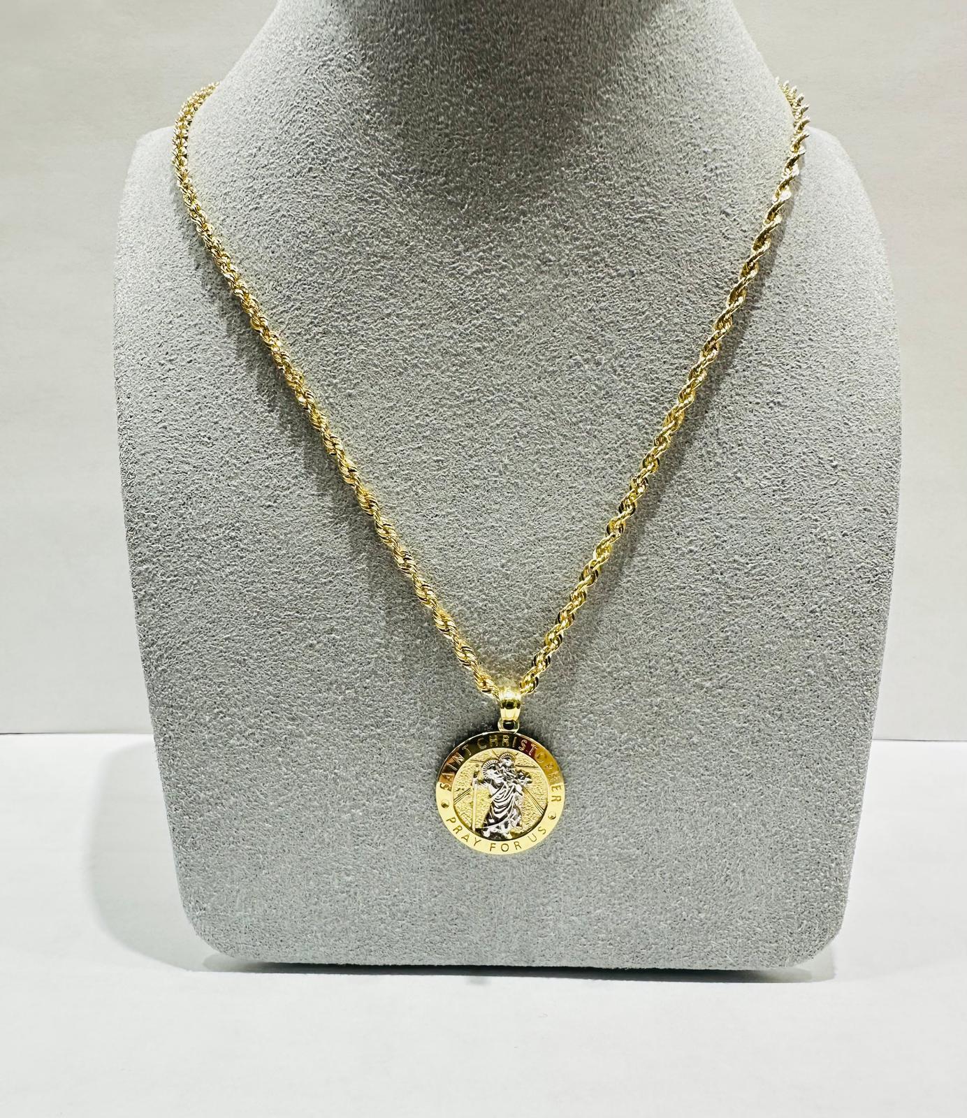 10K GOLD ROPE CHAIN (16", 2.0gm) WITH SAINT CHRISTOPHER PENDANT(1.8gm)