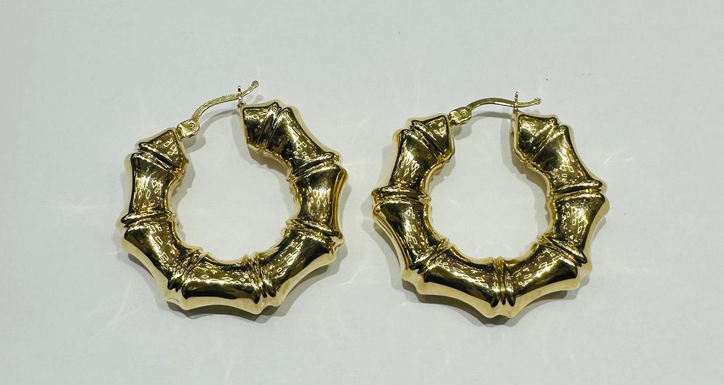 10K YELLOW GOLD BAMBOO HOOP EARRINGS, WEIGHT: 7.4gm