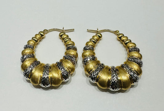 10K YELLOW & WHITE GOLD SHRIMP HOOP EARRINGS, WEIGHT: 5.3gm