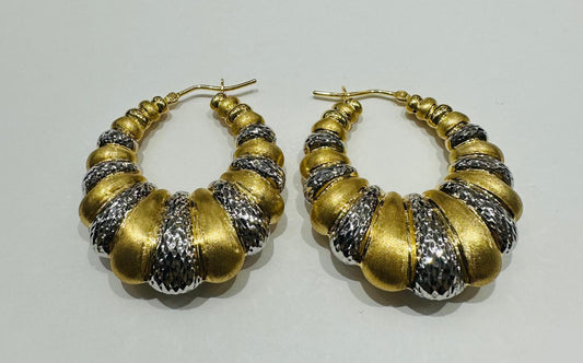 10K YELLOW & WHITE GOLD SHRIMP HOOP EARRINGS, WEIGHT: 8.3gm