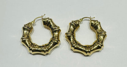 10K YELLOW GOLD BAMBOO HOOP EARRINGS, WEIGHT: 7.4gm