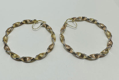10K GOLD TRI COLOR TWISTED HOOP EARRINGS, WEIGHT: 7.8gm