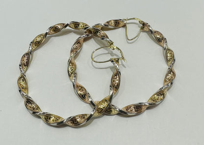 10K GOLD TRI COLOR TWISTED HOOP EARRINGS, WEIGHT: 7.8gm