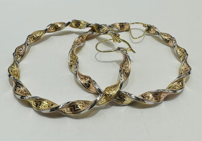 10K GOLD TRI COLOR TWISTED HOOP EARRINGS, WEIGHT: 7.8gm