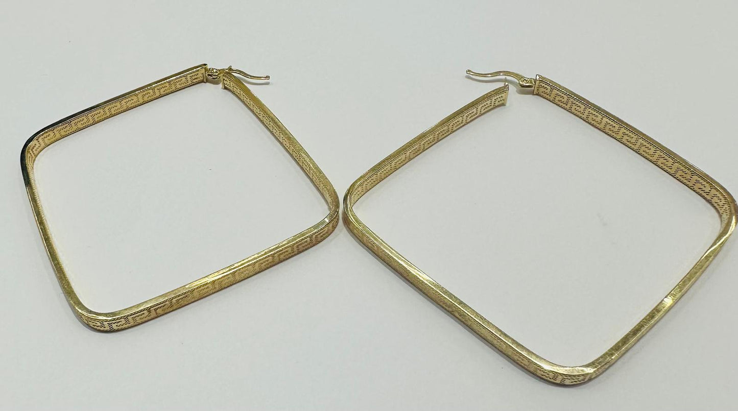 10K GOLD VERSACE GRECA SQUARE HOOP EARRINGS, WEIGHT: 7.4gm