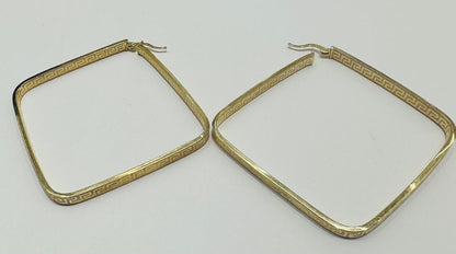 10K GOLD VERSACE GRECA SQUARE HOOP EARRINGS, WEIGHT: 7.4gm