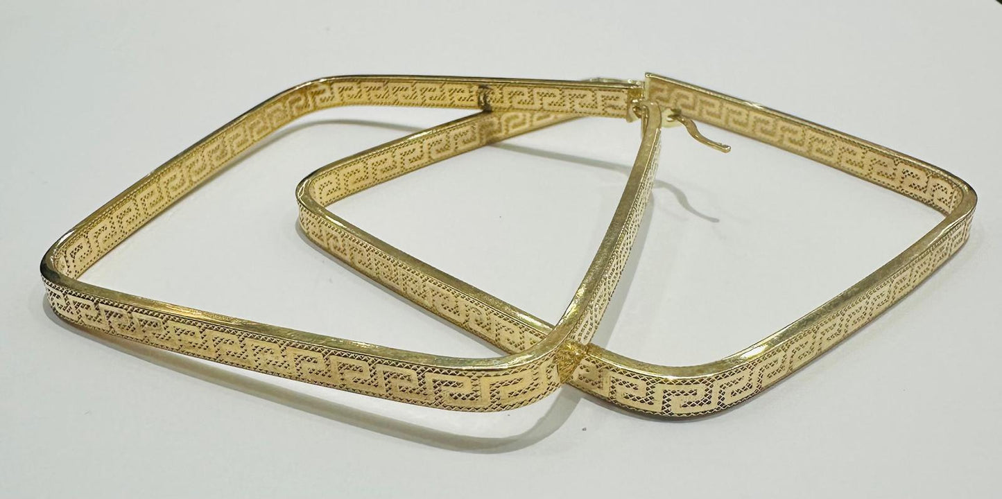 10K GOLD VERSACE GRECA SQUARE HOOP EARRINGS, WEIGHT: 7.4gm