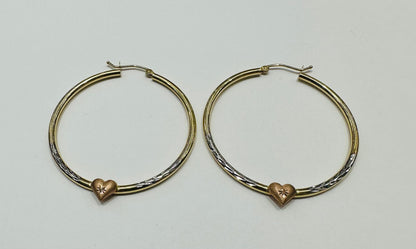 10K GOLD TRI COLOR ROUND HEART HOOP EARRINGS, WEIGHT: 2.4gm