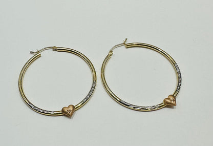 10K GOLD TRI COLOR ROUND HEART HOOP EARRINGS, WEIGHT: 2.4gm