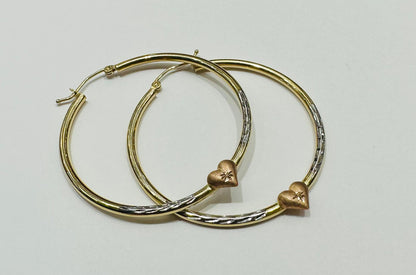 10K GOLD TRI COLOR ROUND HEART HOOP EARRINGS, WEIGHT: 2.4gm