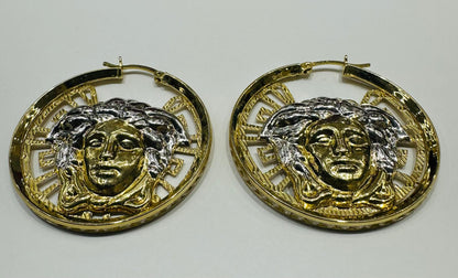 10K YELLOW GOLD & SILVER VERSACE MEDUSA HOOP EARRINGS, WEIGHT: 7.3gm