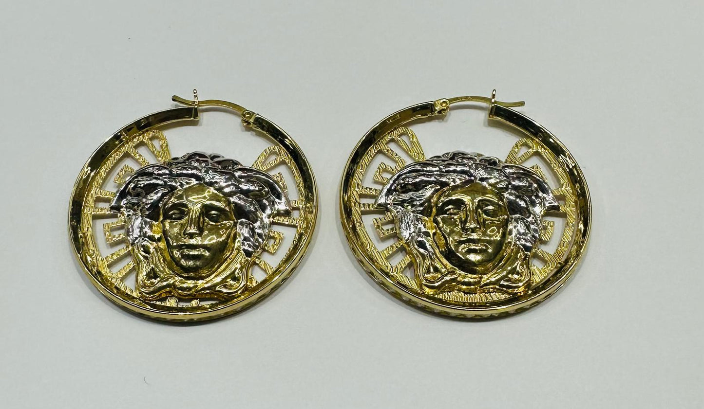 10K YELLOW GOLD & SILVER VERSACE MEDUSA HOOP EARRINGS, WEIGHT: 7.3gm