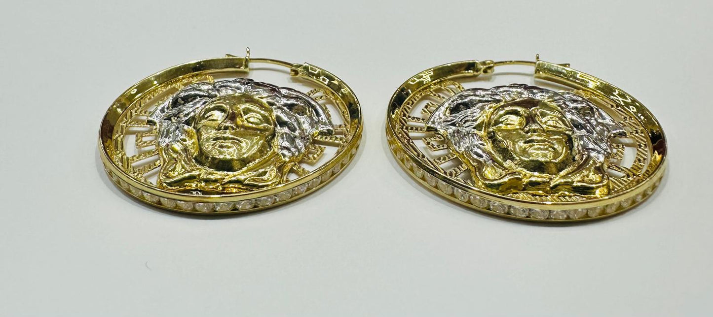 10K YELLOW GOLD & SILVER VERSACE MEDUSA HOOP EARRINGS, WEIGHT: 7.3gm