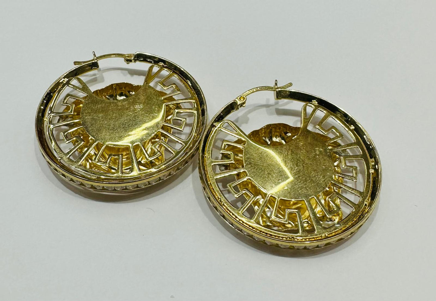 10K YELLOW GOLD & SILVER VERSACE MEDUSA HOOP EARRINGS, WEIGHT: 7.3gm