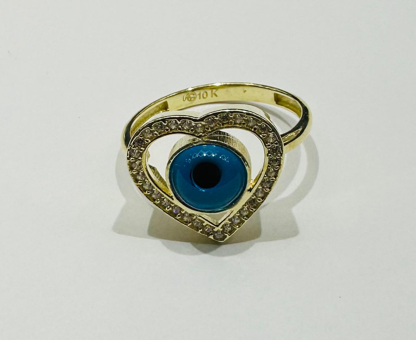 10K GOLD EVIL EYE BLUE HEART RING, WEIGHT: 2.6gm