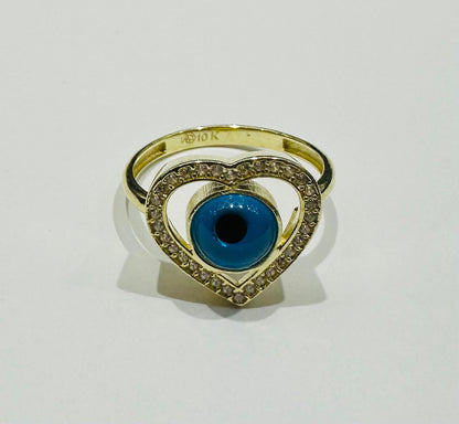 10K GOLD EVIL EYE BLUE HEART RING, WEIGHT: 2.6gm
