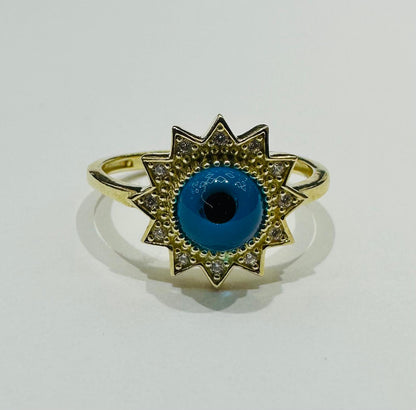 10K GOLD EVIL EYE BLUE FLOWER RING, WEIGHT: 2.2gm
