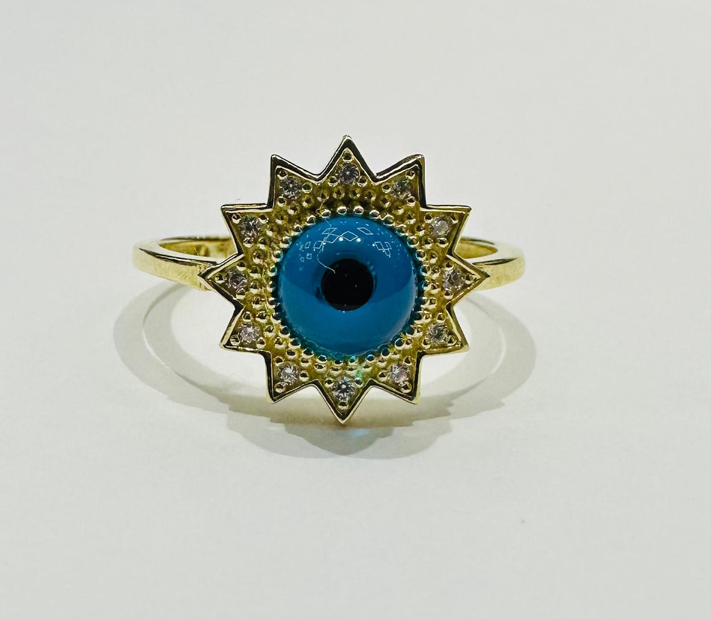 10K GOLD EVIL EYE BLUE FLOWER RING, WEIGHT: 2.2gm