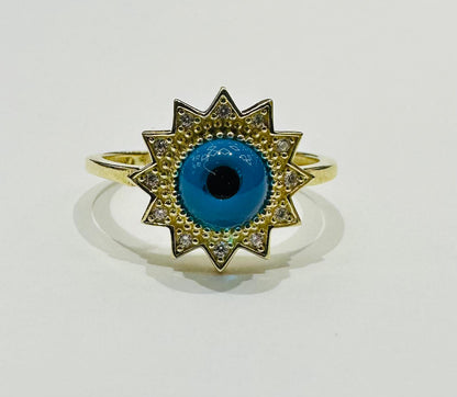 10K GOLD EVIL EYE BLUE FLOWER RING, WEIGHT: 2.2gm