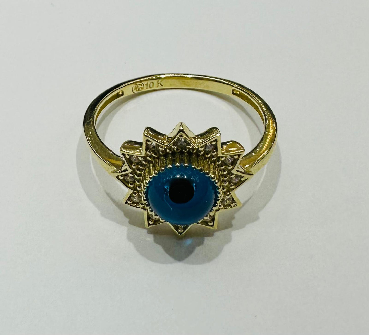 10K GOLD EVIL EYE BLUE FLOWER RING, WEIGHT: 2.2gm