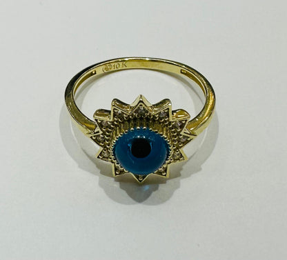 10K GOLD EVIL EYE BLUE FLOWER RING, WEIGHT: 2.2gm