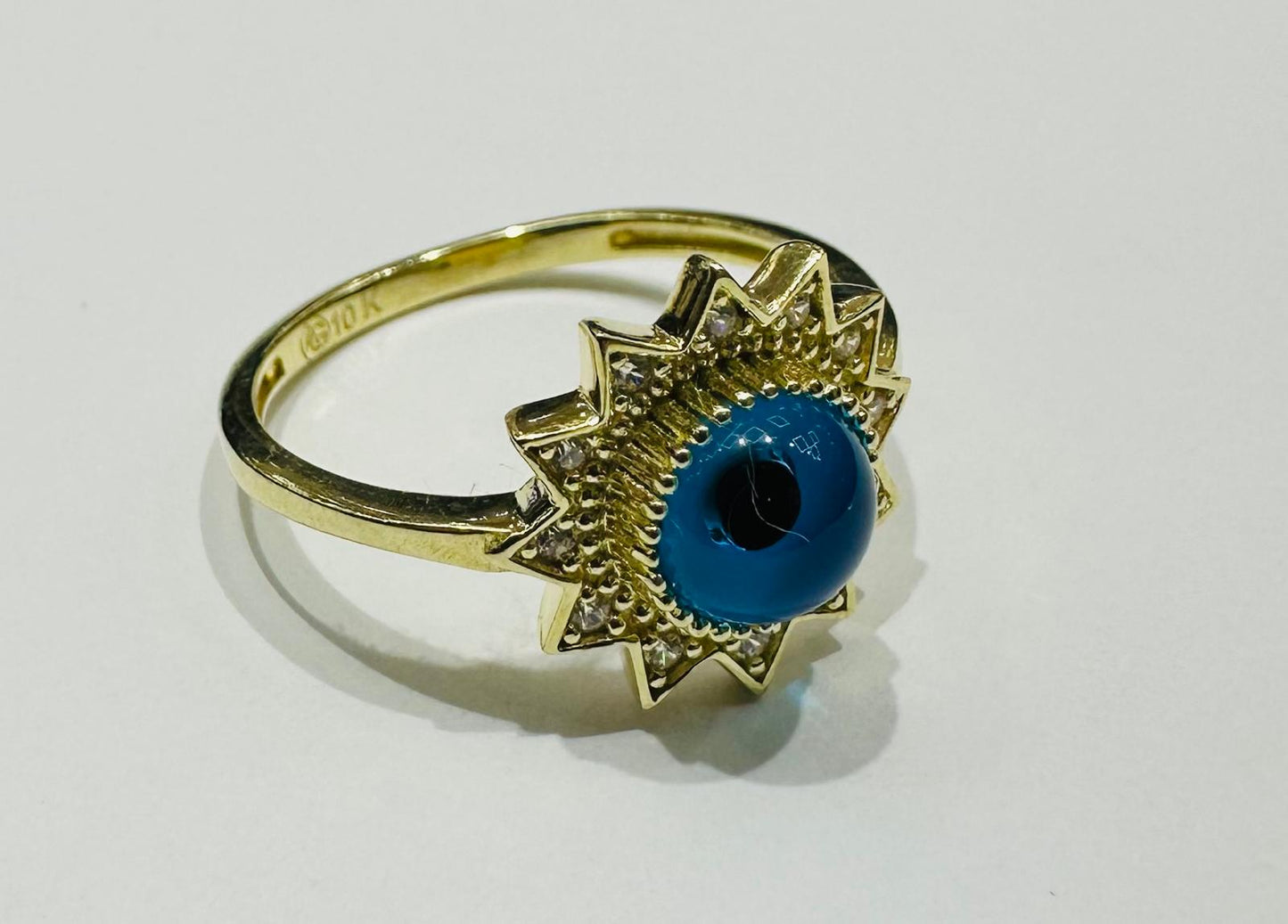 10K GOLD EVIL EYE BLUE FLOWER RING, WEIGHT: 2.2gm