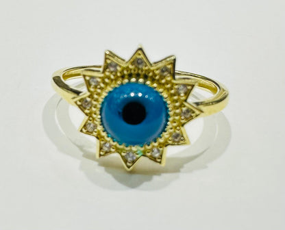 10K GOLD EVIL EYE BLUE FLOWER RING, WEIGHT: 2.2gm