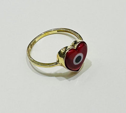 10K GOLD EVIL EYE RED HEART RING, WEIGHT: 1.9gm