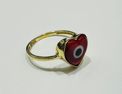 10K GOLD EVIL EYE RED HEART RING, WEIGHT: 1.9gm