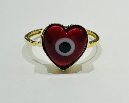 10K GOLD EVIL EYE RED HEART RING, WEIGHT: 1.9gm