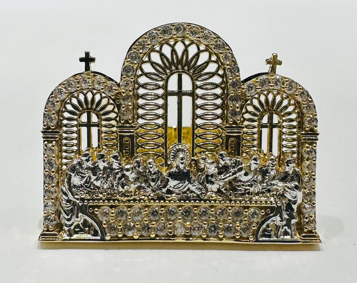 10K GOLD TWO TONED LAST SUPPER RING WITH CZ STONES, SIZE: 10.2,  WEIGHT: 5.3gm