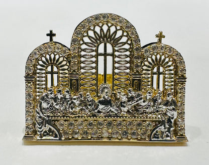 10K GOLD TWO TONED LAST SUPPER RING WITH CZ STONES, SIZE: 10.2,  WEIGHT: 5.3gm