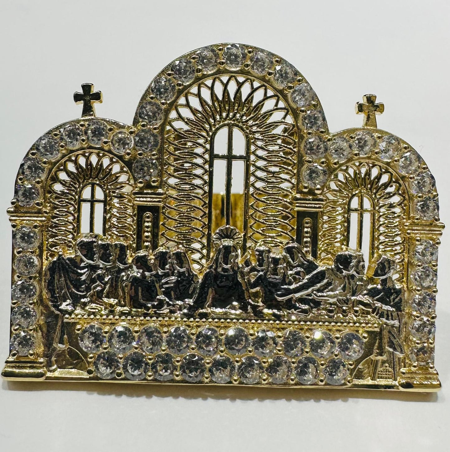 10K GOLD TWO TONED LAST SUPPER RING WITH CZ STONES, SIZE: 10.0,  WEIGHT: 8.2gm
