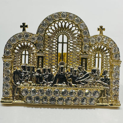 10K GOLD TWO TONED LAST SUPPER RING WITH CZ STONES, SIZE: 10.0,  WEIGHT: 8.2gm