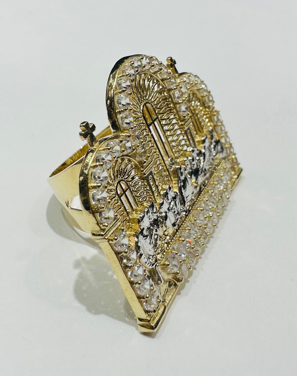 10K GOLD TWO TONED LAST SUPPER RING WITH CZ STONES, SIZE: 10.0,  WEIGHT: 8.2gm