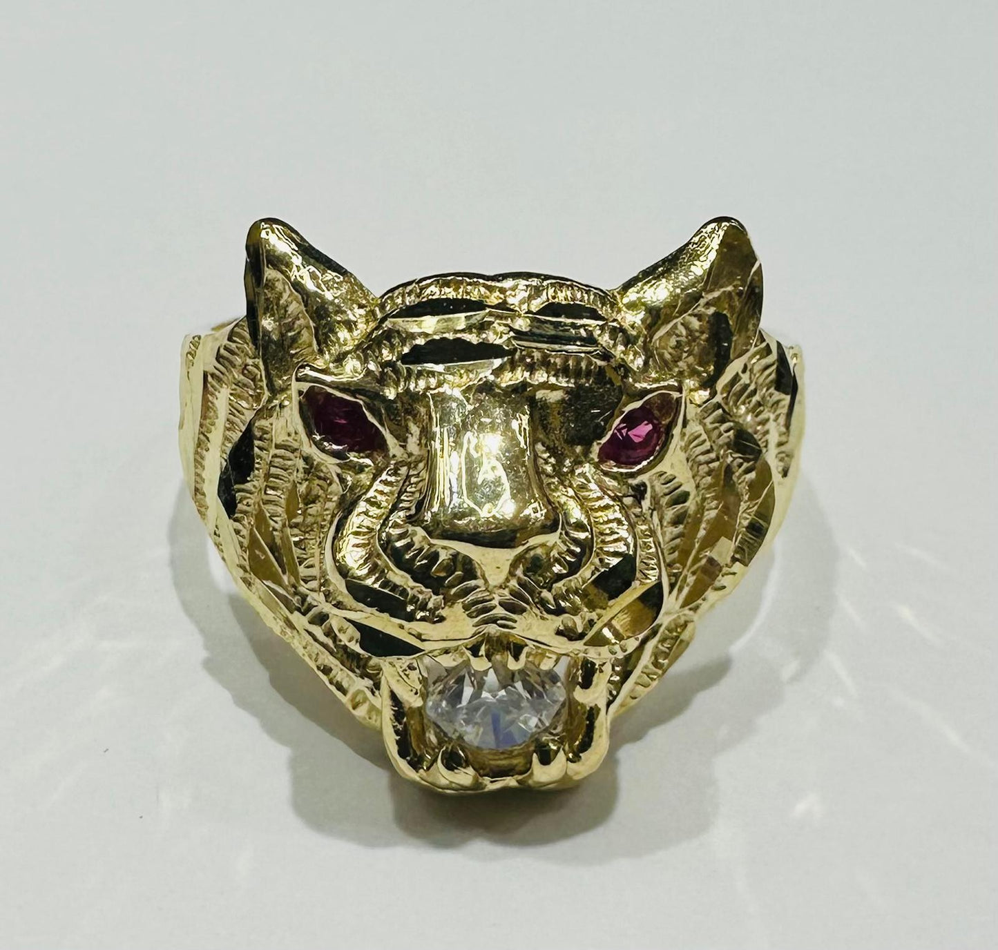10K GOLD TIGER HEAD RING WITH CZ STONES, SIZE: 10.0,  WEIGHT: 5.7gm