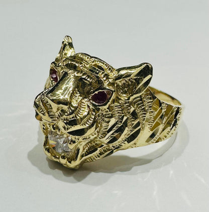10K GOLD TIGER HEAD RING WITH CZ STONES, SIZE: 10.0,  WEIGHT: 5.7gm