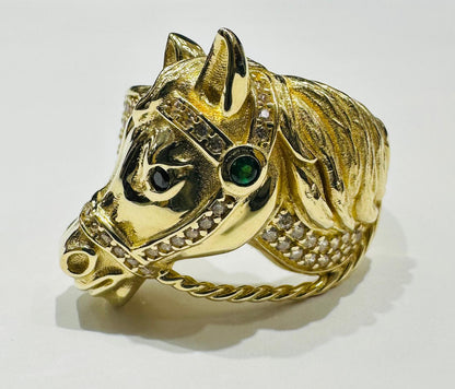 10K GOLD HORSE HEAD RING WITH CZ STONES, SIZE: 10.2,  WEIGHT: 7.5gm