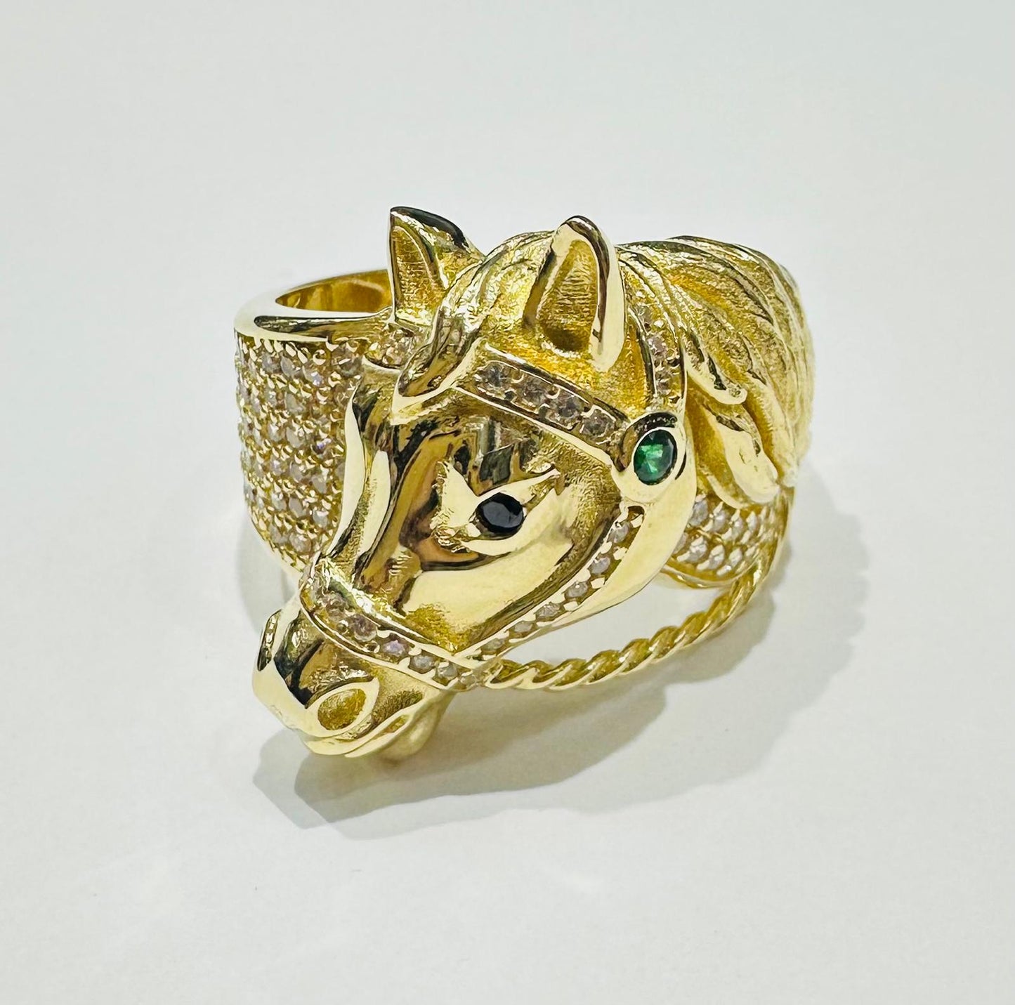 10K GOLD HORSE HEAD RING WITH CZ STONES, SIZE: 10.2,  WEIGHT: 7.5gm
