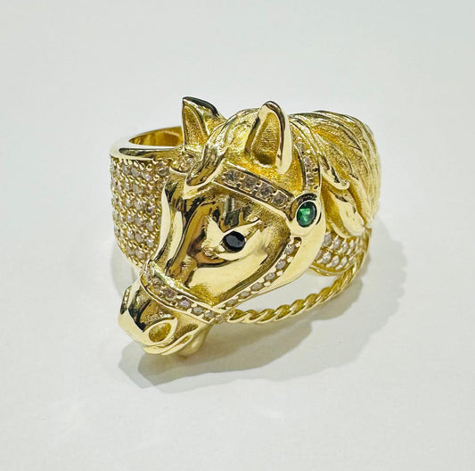 10K GOLD HORSE HEAD RING WITH CZ STONES, SIZE: 10.2,  WEIGHT: 7.5gm