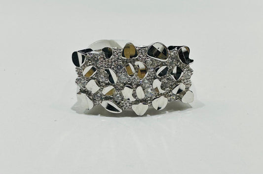 SILVER NUGGET RING WITH CZ STONES, SIZE: 9.5  WEIGHT: 6.4gm