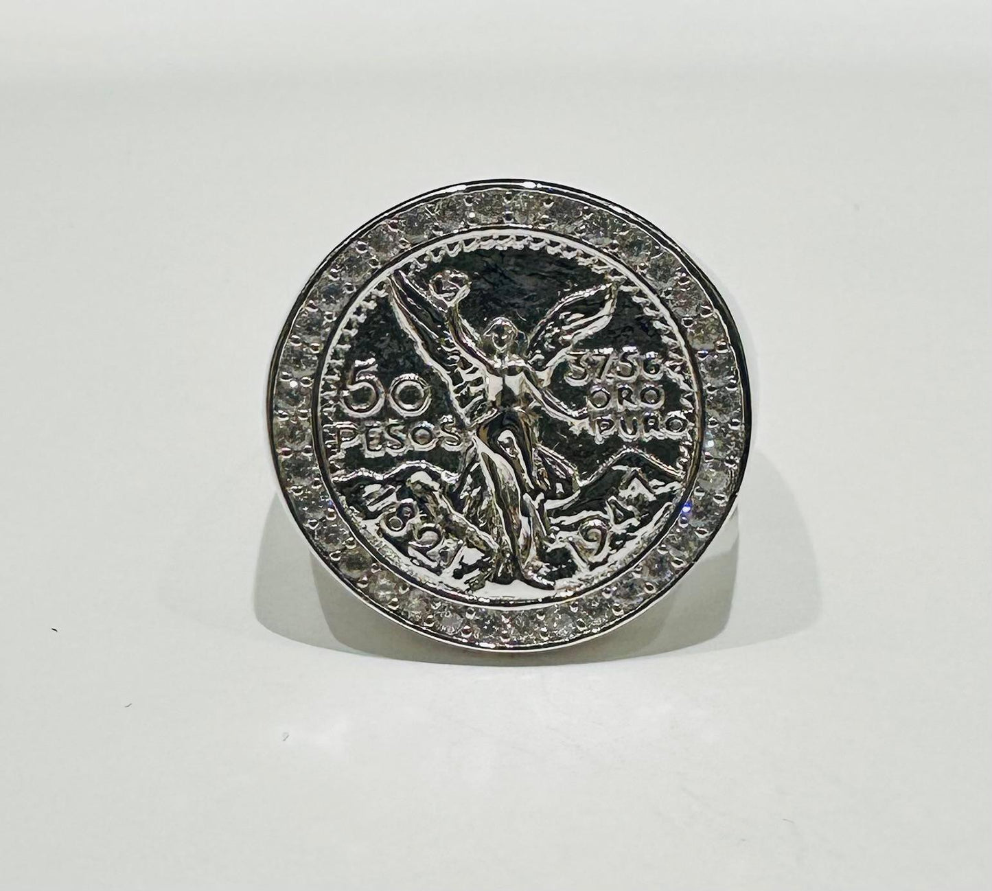 SILVER 50 PESOS CENTENARIO RING WITH CZ STONES, SIZE: 10.2 WEIGHT: 7.3gm