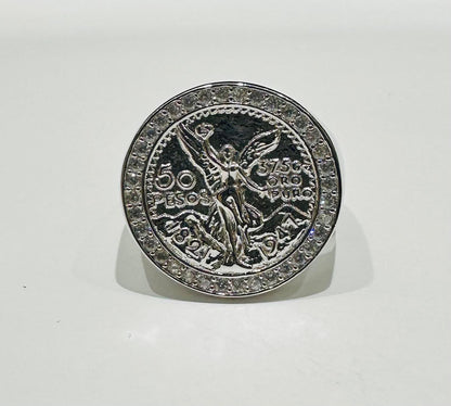 SILVER 50 PESOS CENTENARIO RING WITH CZ STONES, SIZE: 10.2 WEIGHT: 7.3gm