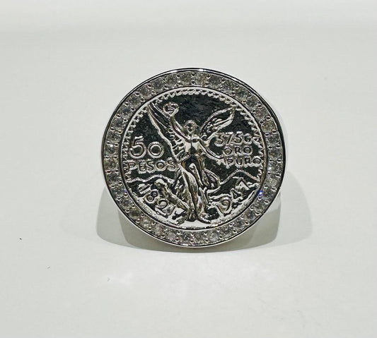 SILVER 50 PESOS CENTENARIO RING WITH CZ STONES, SIZE: 10.2 WEIGHT: 7.3gm