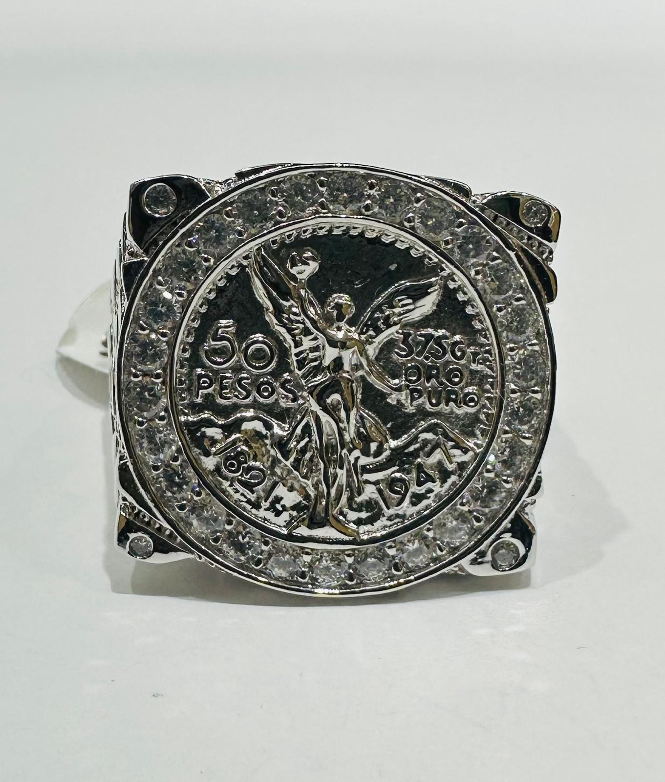 SILVER 50 PESOS CENTENARIO RING WITH CZ STONES, SIZE: 10.2 WEIGHT: 9.0gm