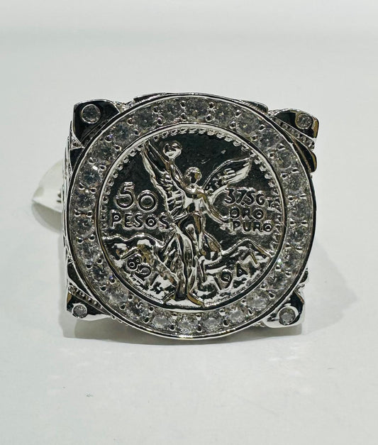 SILVER 50 PESOS CENTENARIO RING WITH CZ STONES, SIZE: 10.2 WEIGHT: 9.0gm
