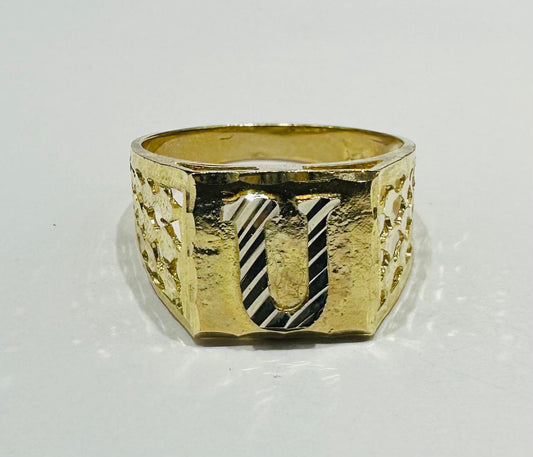10K GOLD INITIAL LETTER RING "U"  SIZE: 10.0  WEIGHT: 3.7gm