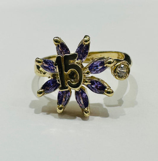10K GOLD CZ STONE QUINCEANERA FLOWER RING - WEIGHT: 2.9gm